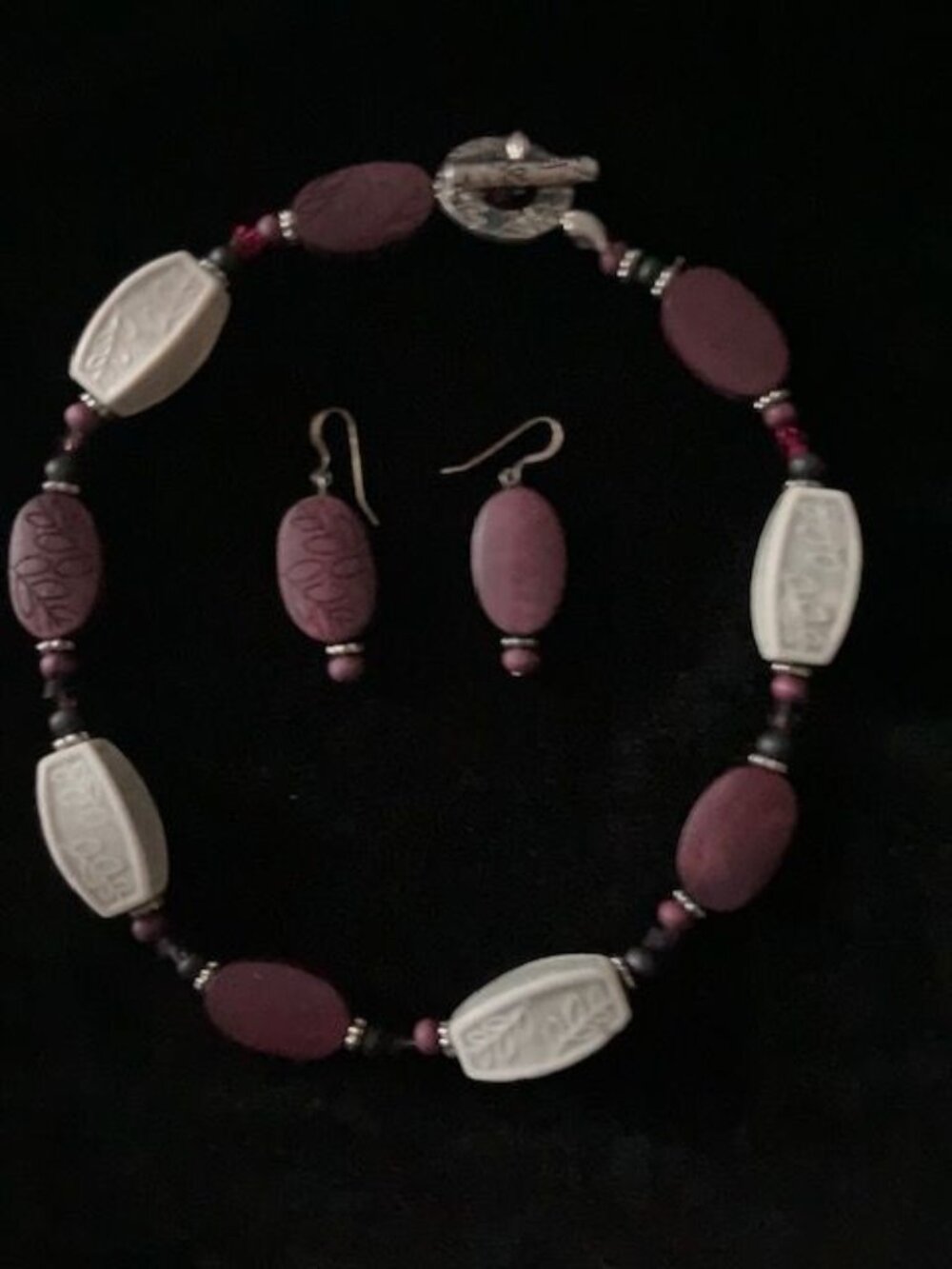 Purple and White Beaded Necklace and Earring Set